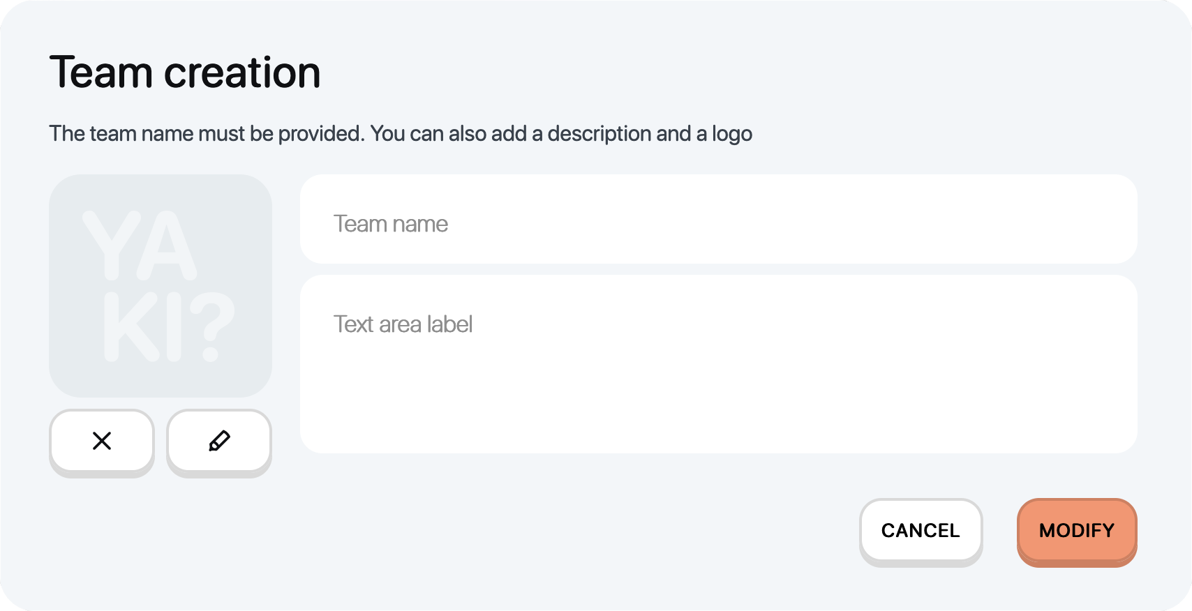 YAKI admin, fenêtre contextuelle de création d'équipe