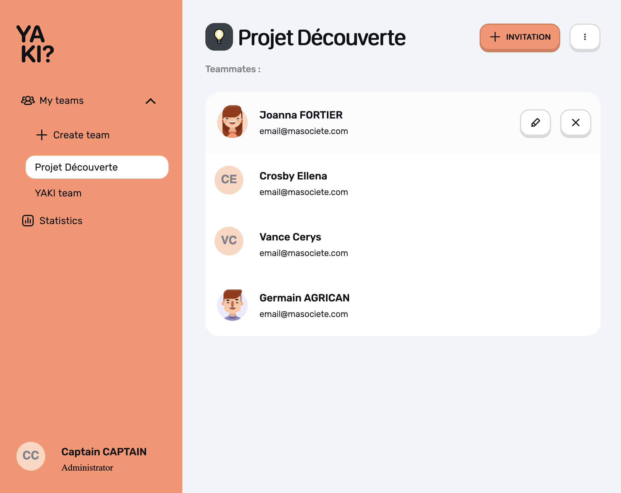 YAKI admin, capture d'écran de la liste des équipes