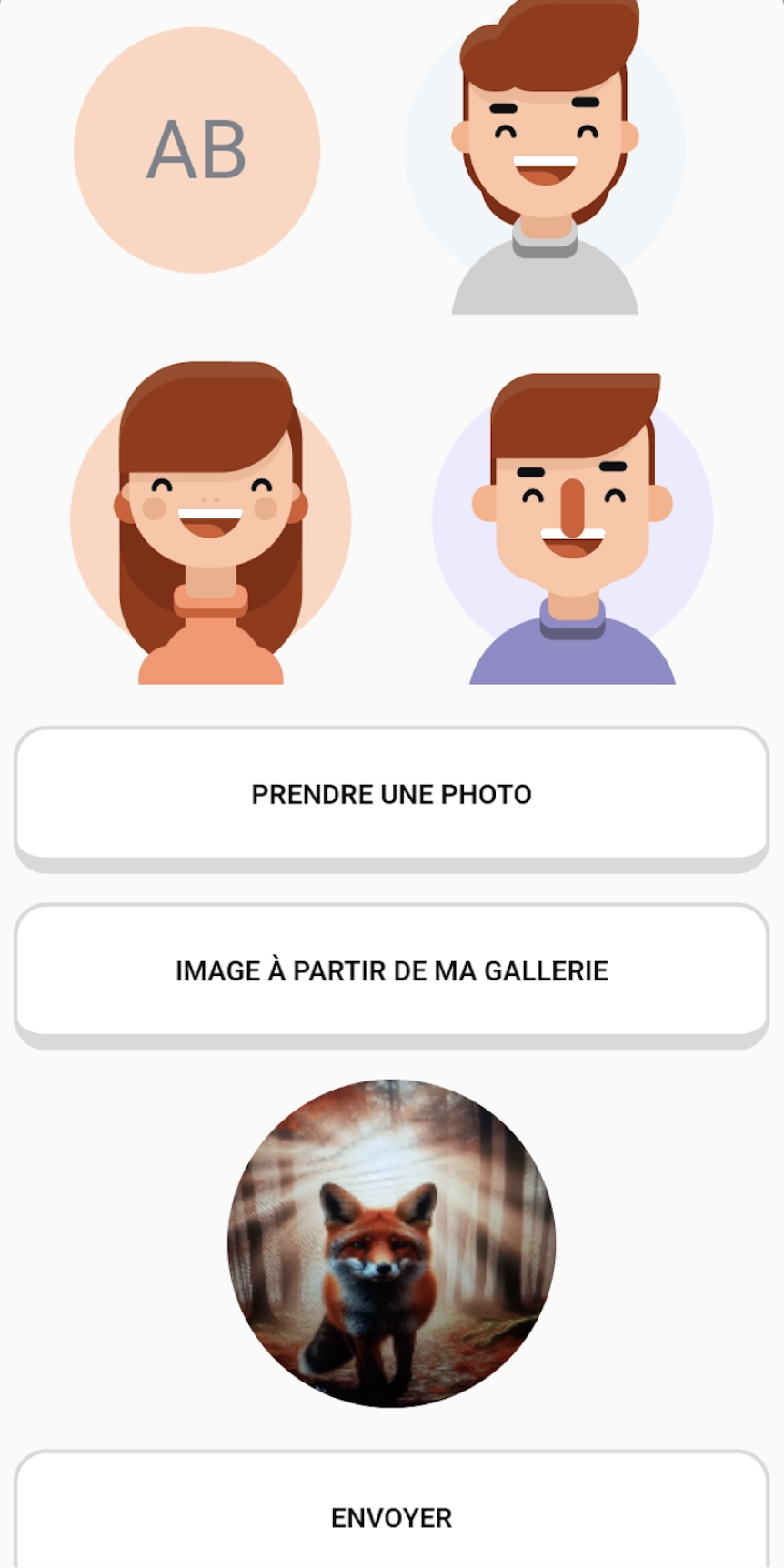 YAKI application mobile, capture d'écran de la fenêtre de choix d'avatar, photo ou image personnalisée.