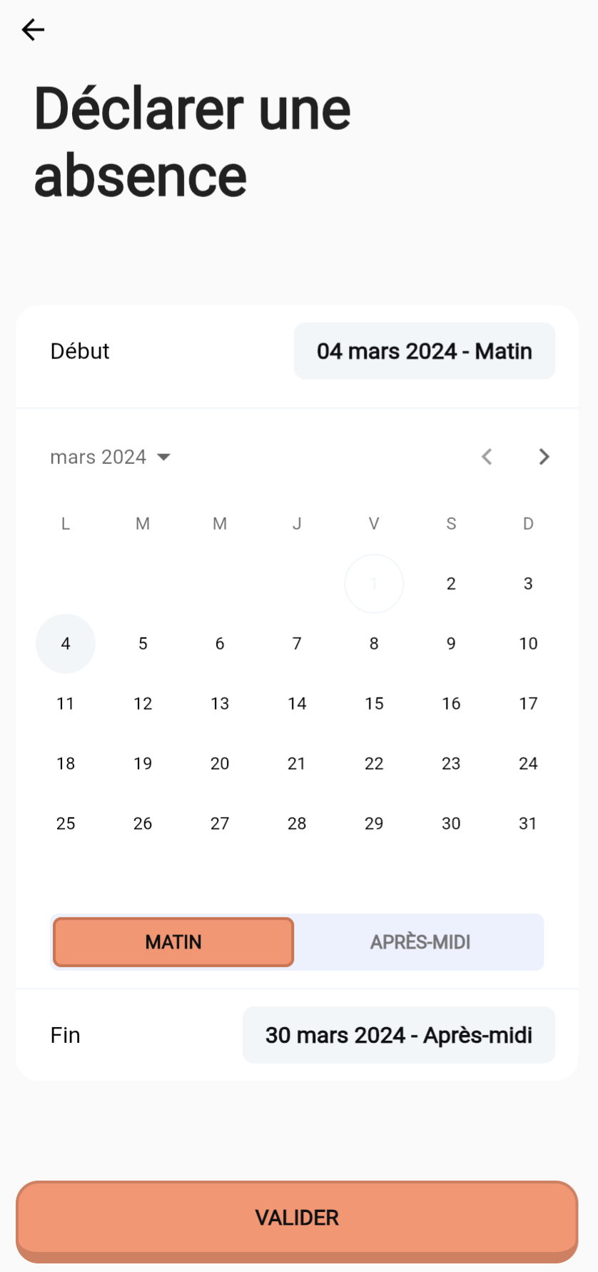 YAKI application mobile, capture d'écran de la fenêtre de déclaration d'absence pour une période définie.