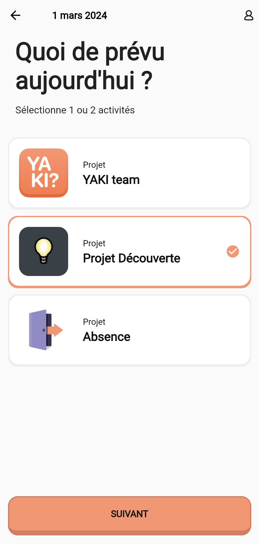 Yaki application mobile, capture d'écran de la fenêtre de sélection de l'équipe de travail.