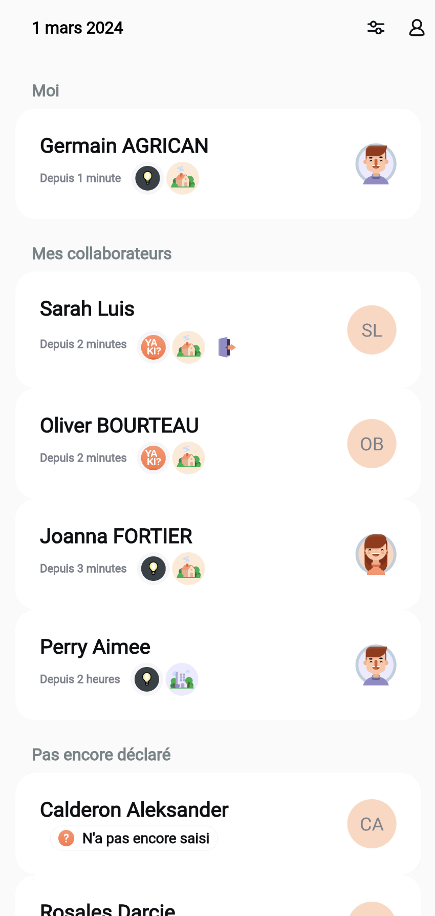 YAKI application mobile, capture d'écran de la fenêtre de résumé des déclarations des coéquipiers.