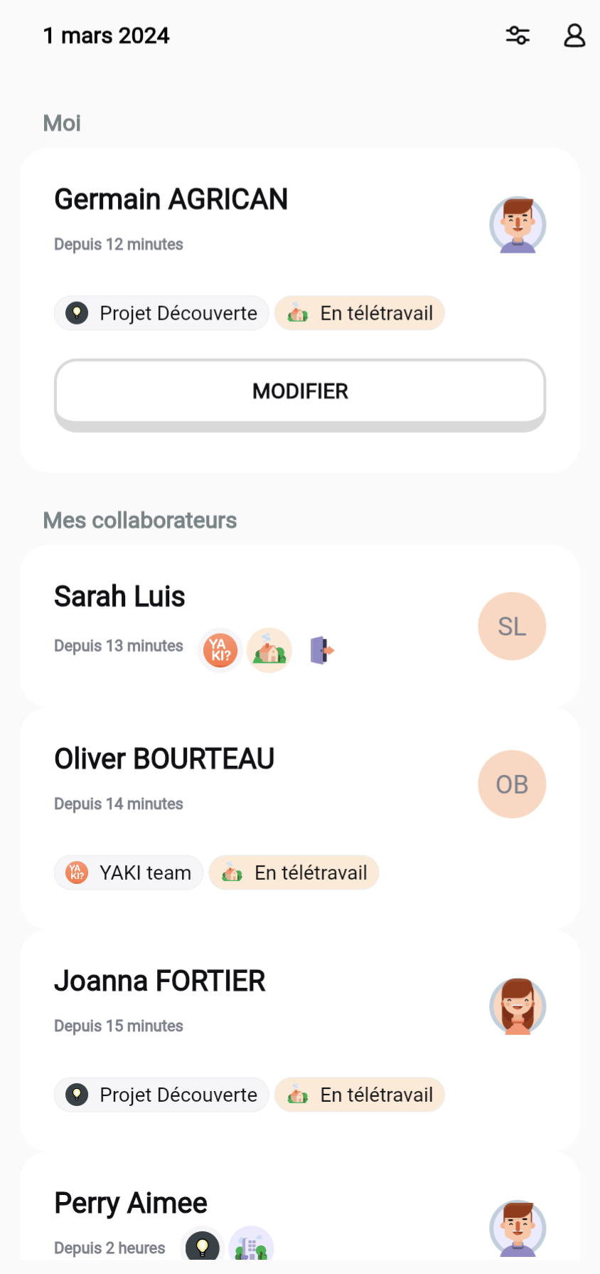 YAKI application mobile, capture d'écran de la fenêtre de détails des déclarations des coéquipiers.