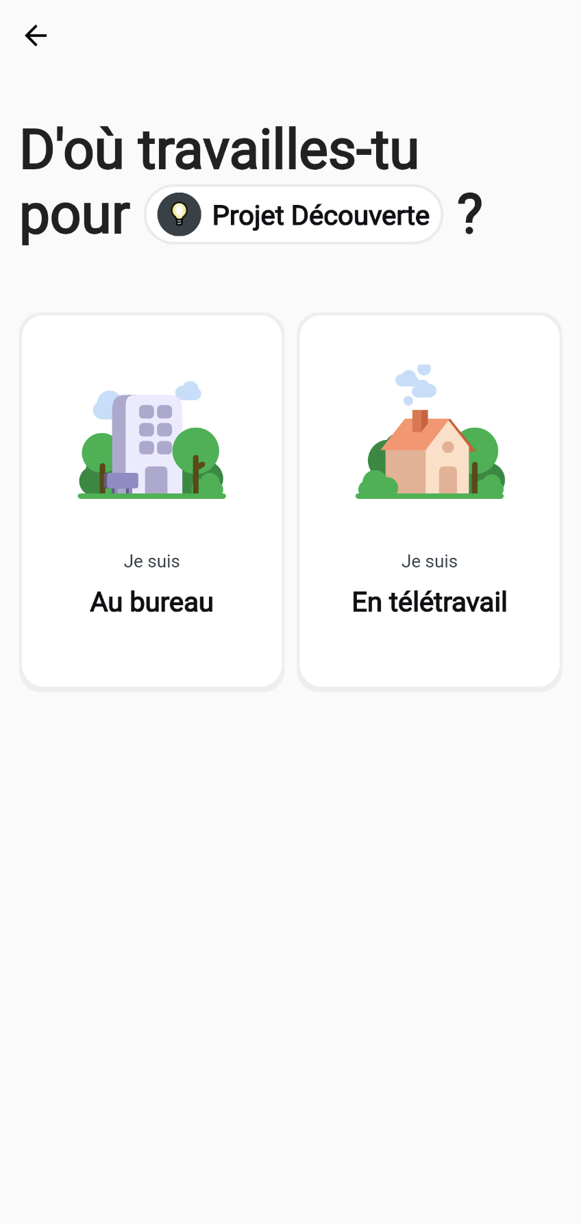 Yaki application mobile, capture d'écran de la fenêtre de sélection du lieu de travail.